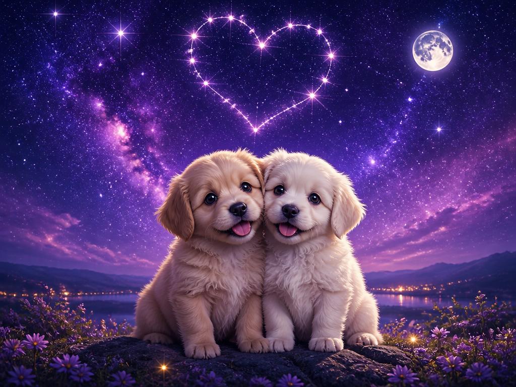 Two puppies under a starry purple galaxy with a heart constellation