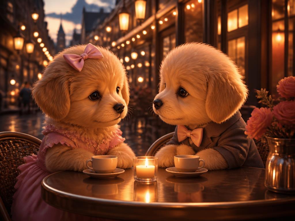 Two puppies sharing a candlelit cafe table at dusk
